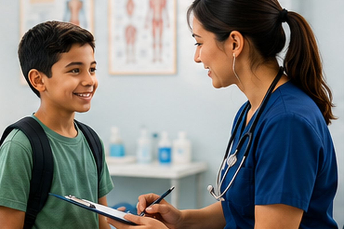 Student meeting with a healthcare provider for a school physical exam